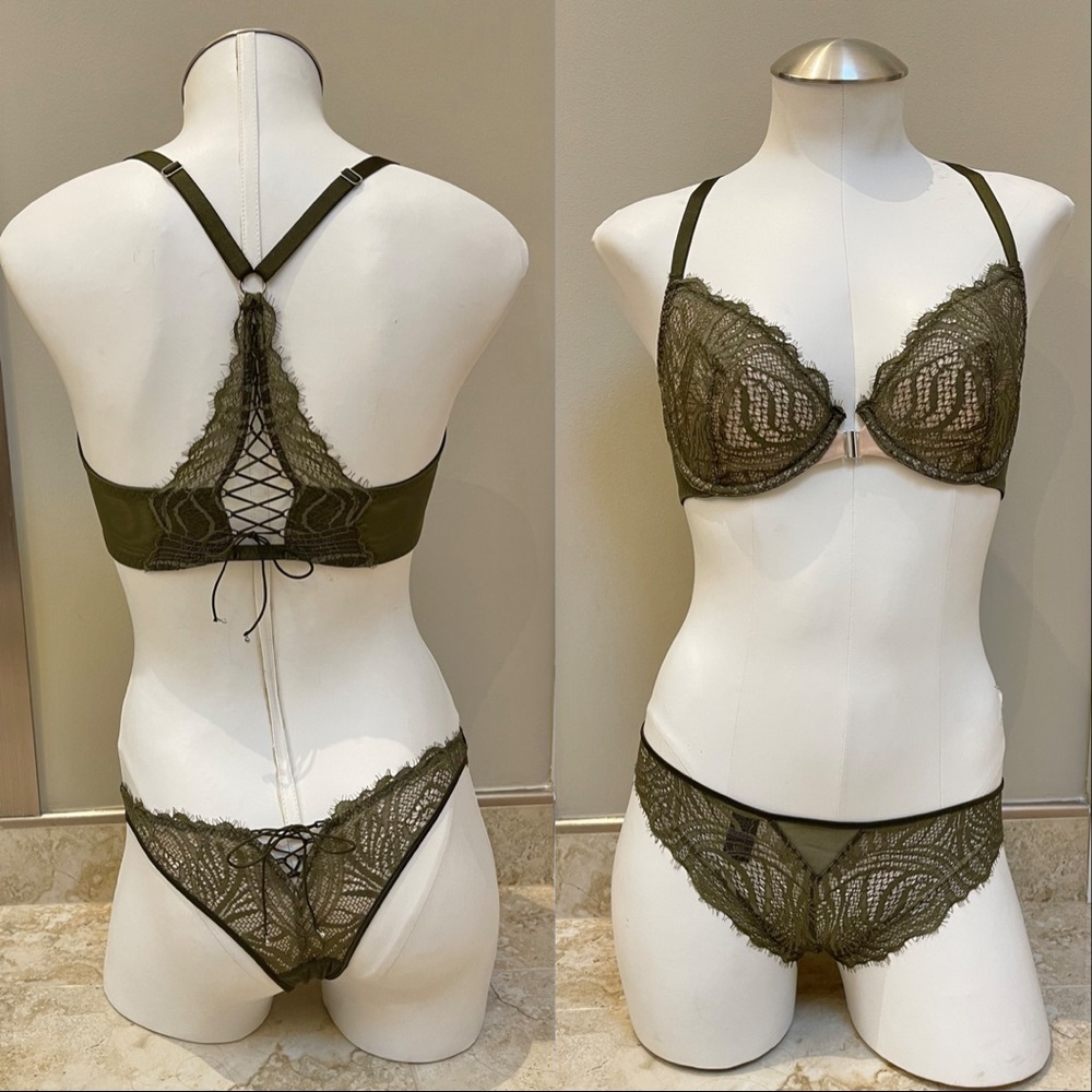 Very Sexy Corset Tie Army Green Unlined Front Close Demi Bra w/ Matching Panties